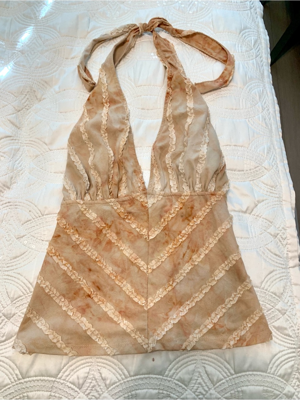 Bisou Bisou Peach-Beige Tie-Back Halter Top with Ruffle Trim